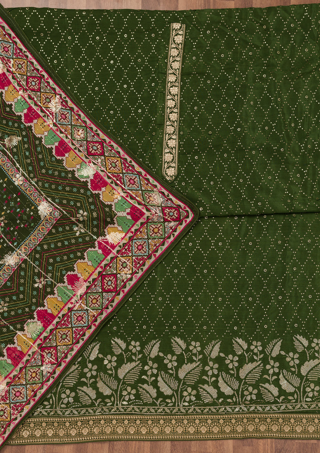 Bottle Green Sequins Semi Crepe Unstitched Salwar Suit
