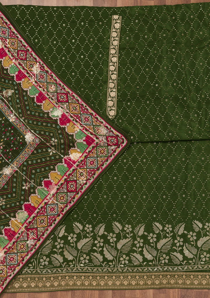 Bottle Green Sequins Semi Crepe Unstitched Salwar Suit