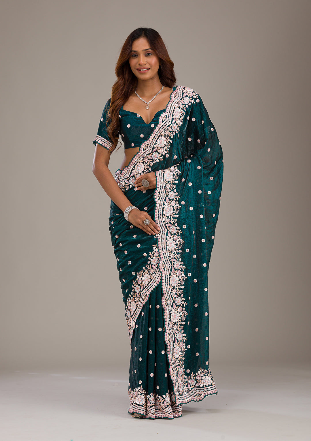 Bottle Green Sequins Semi Crepe Saree