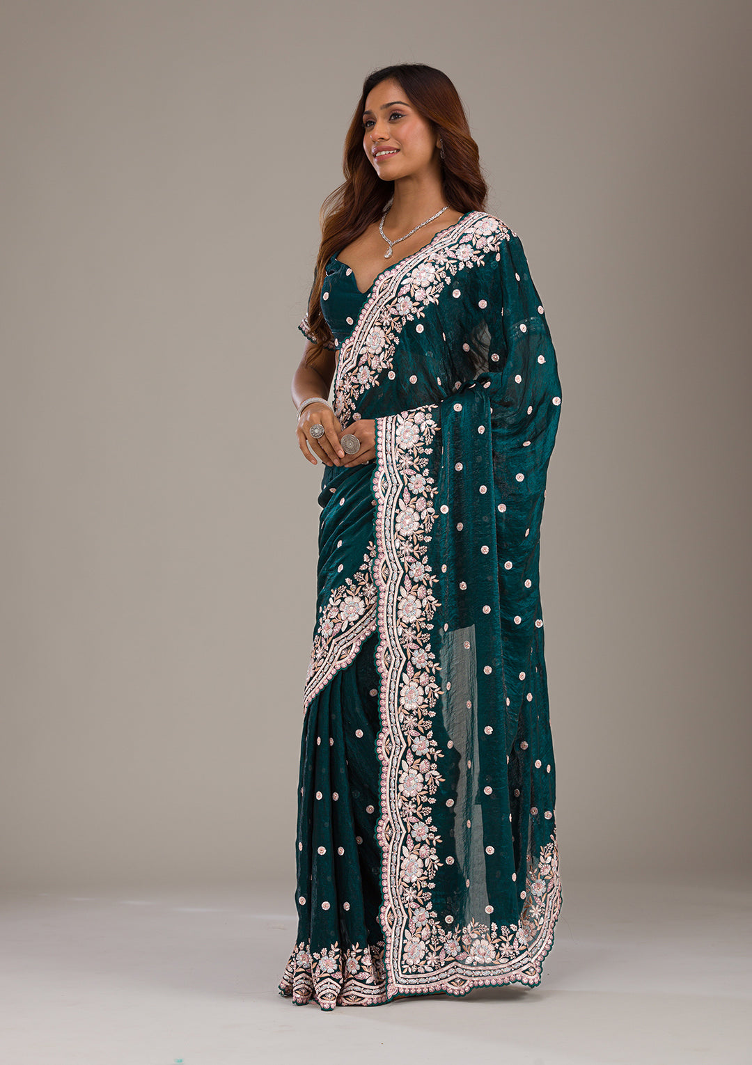 Bottle Green Sequins Semi Crepe Saree