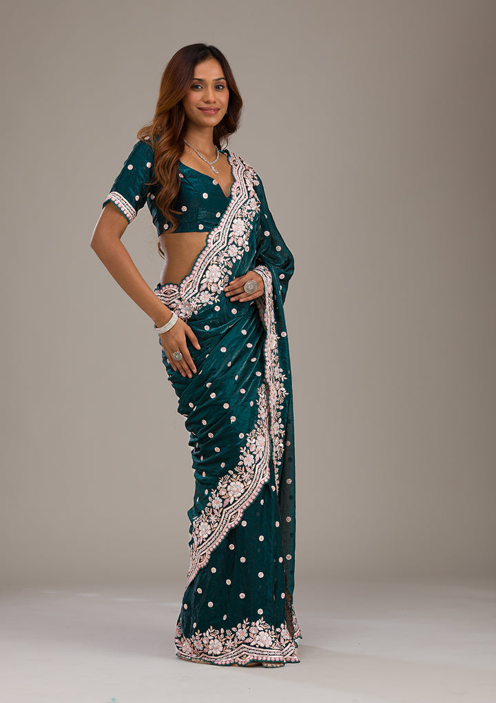 Bottle Green Sequins Semi Crepe Saree
