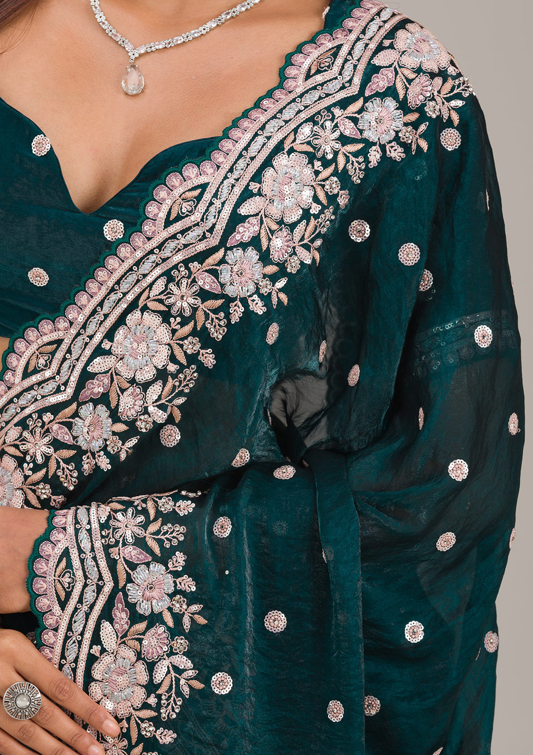 Bottle Green Sequins Semi Crepe Saree