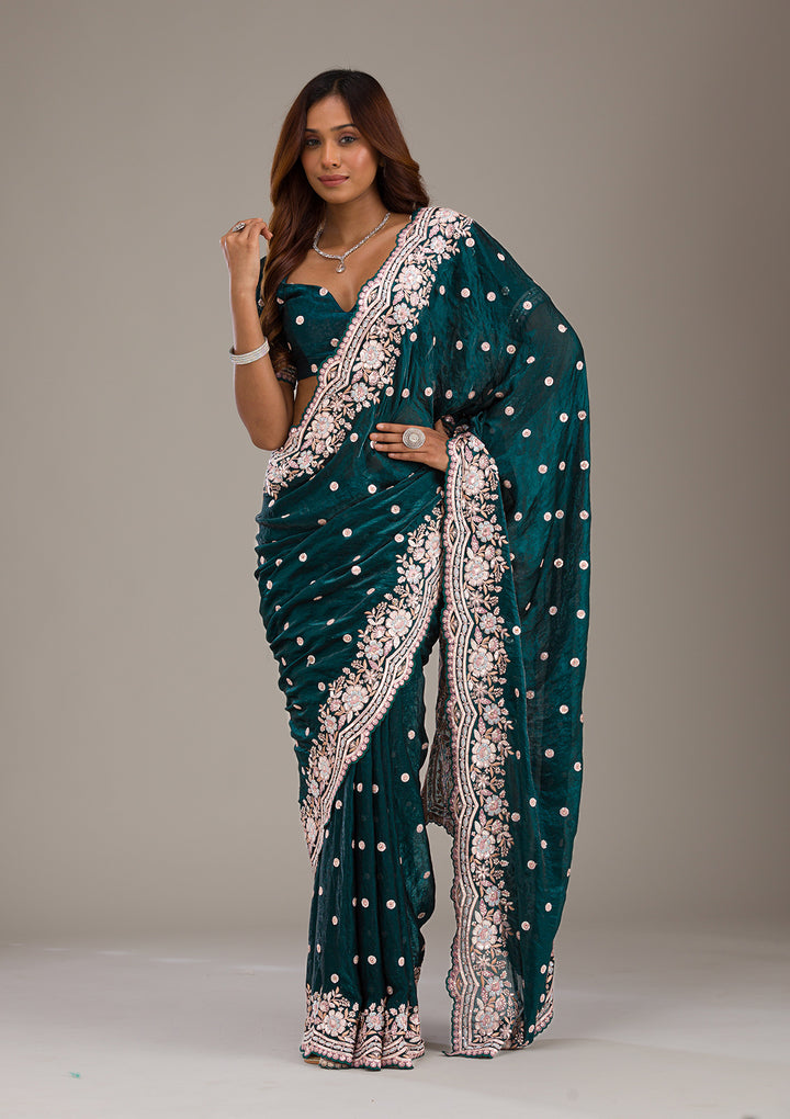 Bottle Green Sequins Semi Crepe Saree