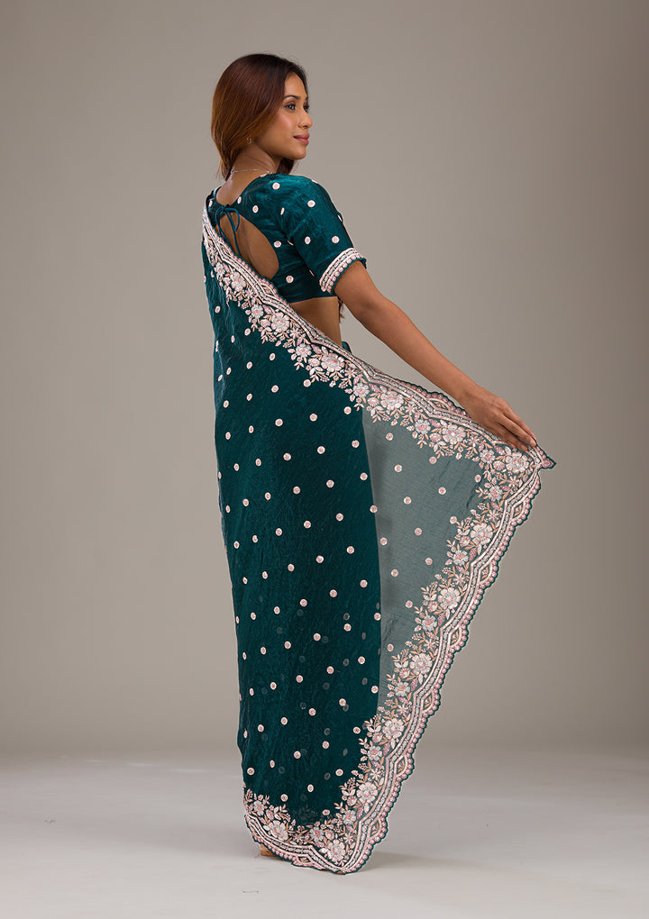 Bottle Green Sequins Semi Crepe Saree
