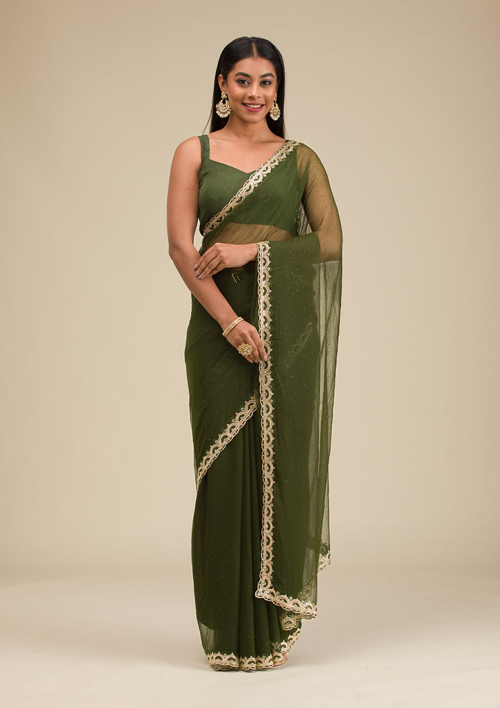 Bottle Green Silver Stonework Chiffon Saree