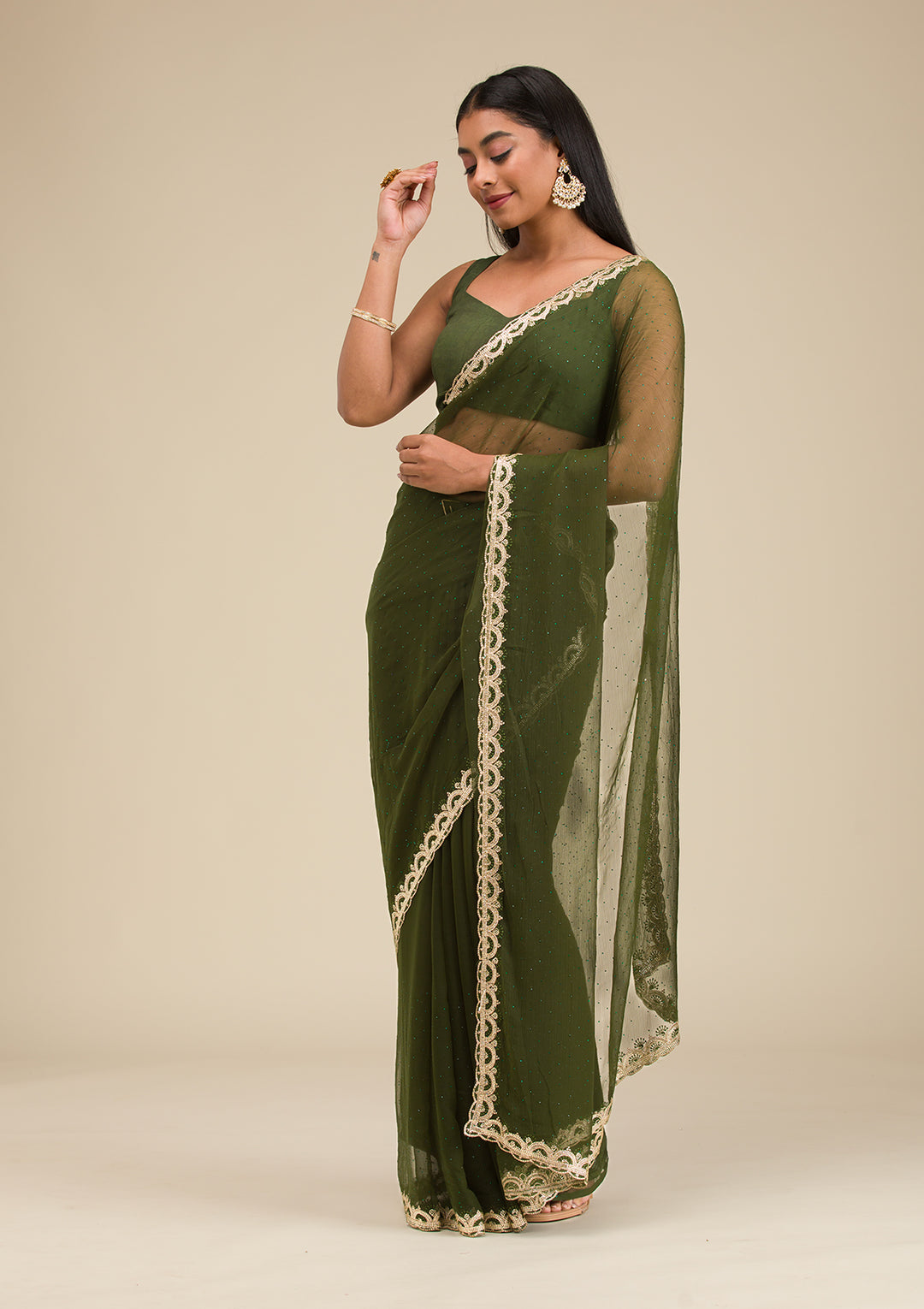 Bottle Green Silver Stonework Chiffon Saree