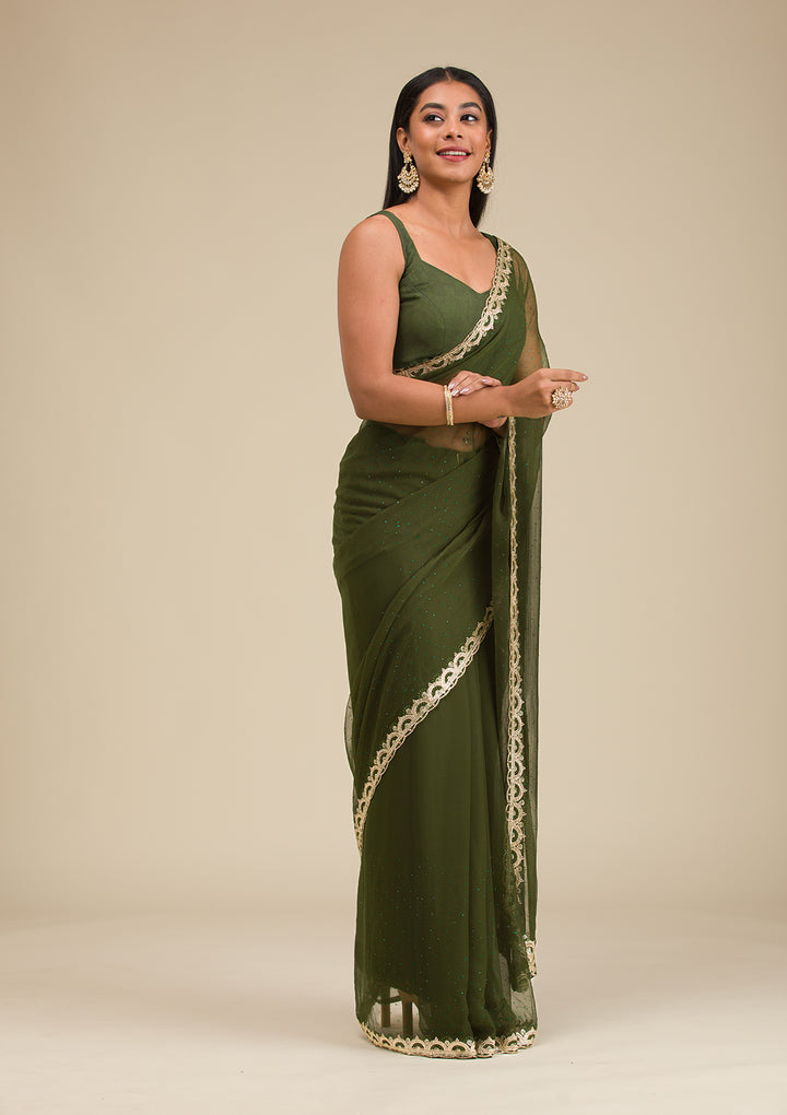 Bottle Green Silver Stonework Chiffon Saree