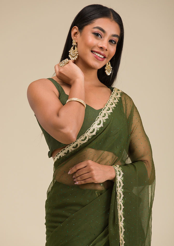 Bottle Green Silver Stonework Chiffon Saree