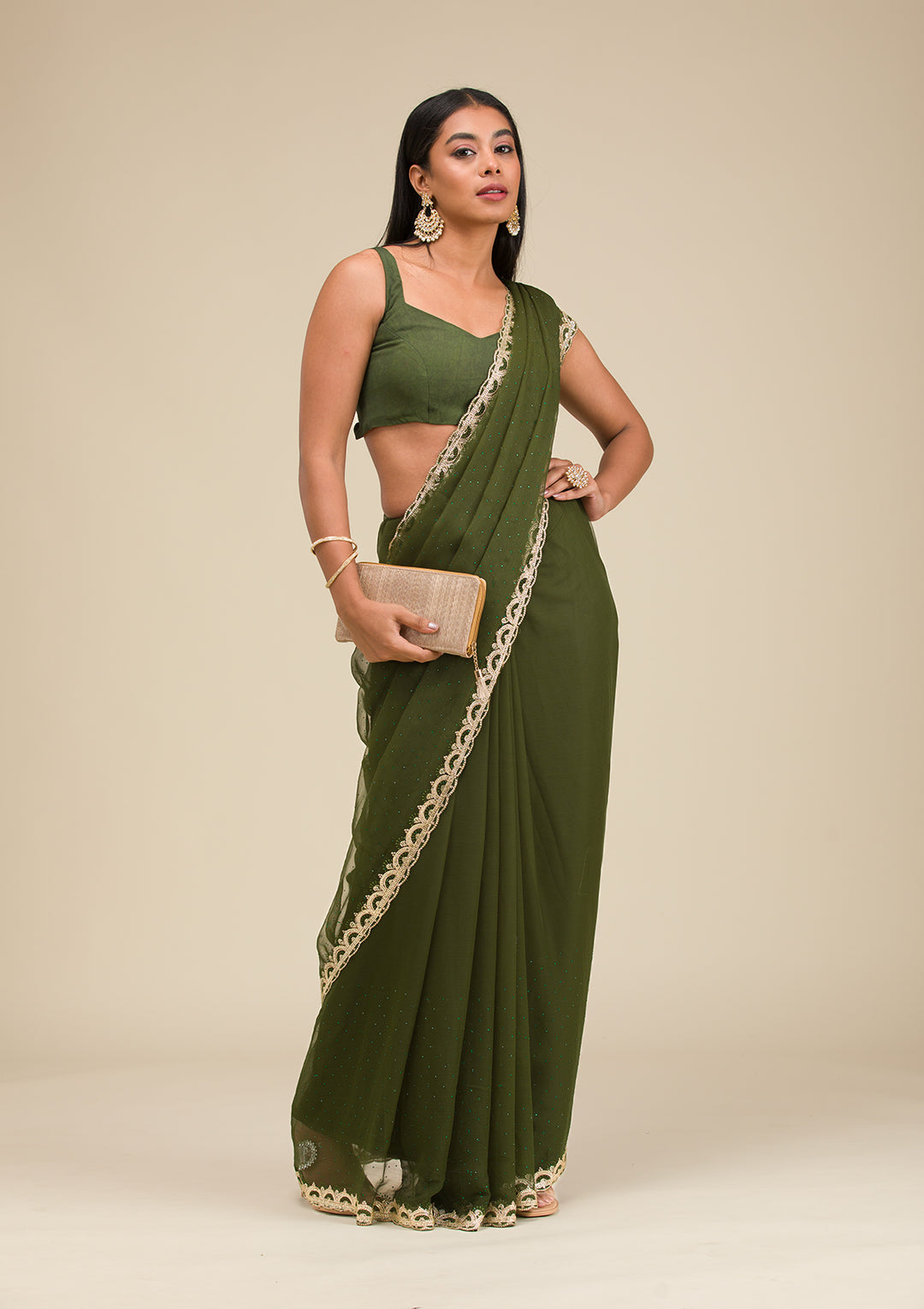 Bottle Green Silver Stonework Chiffon Saree