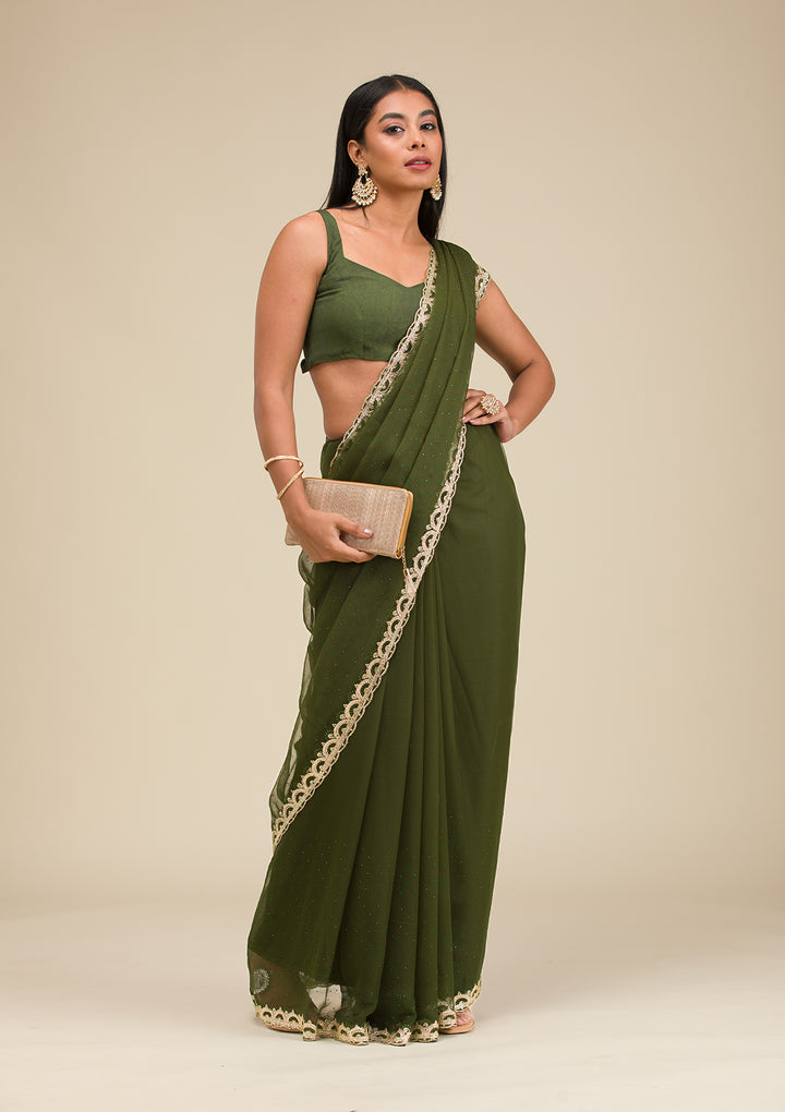 Bottle Green Silver Stonework Chiffon Saree