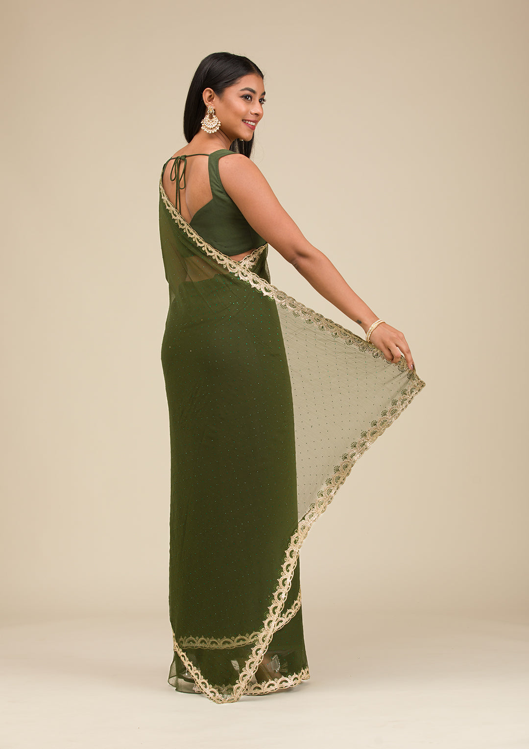 Bottle Green Silver Stonework Chiffon Saree