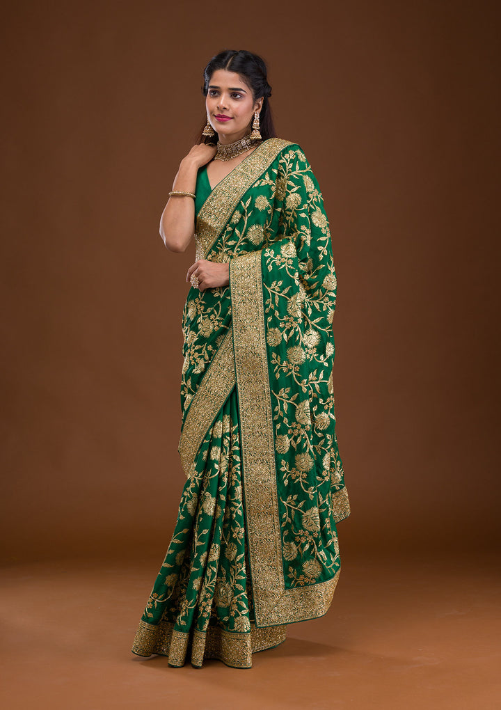 Bottle Green Stonework Crepe Saree