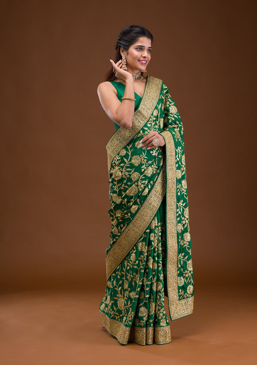 Bottle Green Stonework Crepe Saree