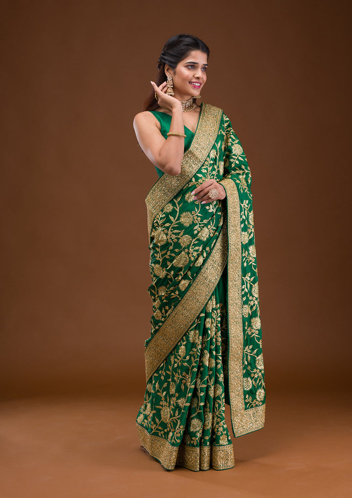 Bottle Green Stonework Crepe Saree