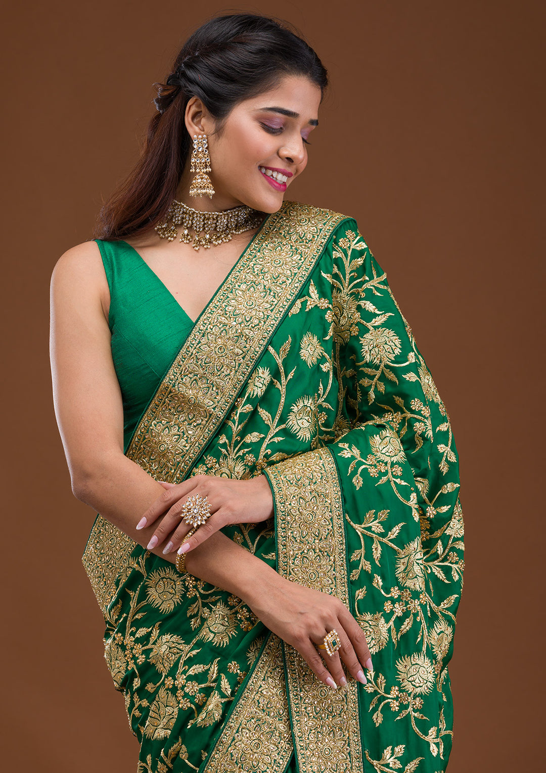 Bottle Green Stonework Crepe Saree