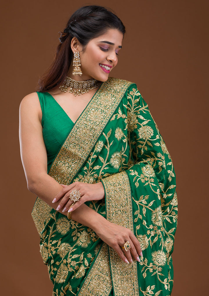 Bottle Green Stonework Crepe Saree