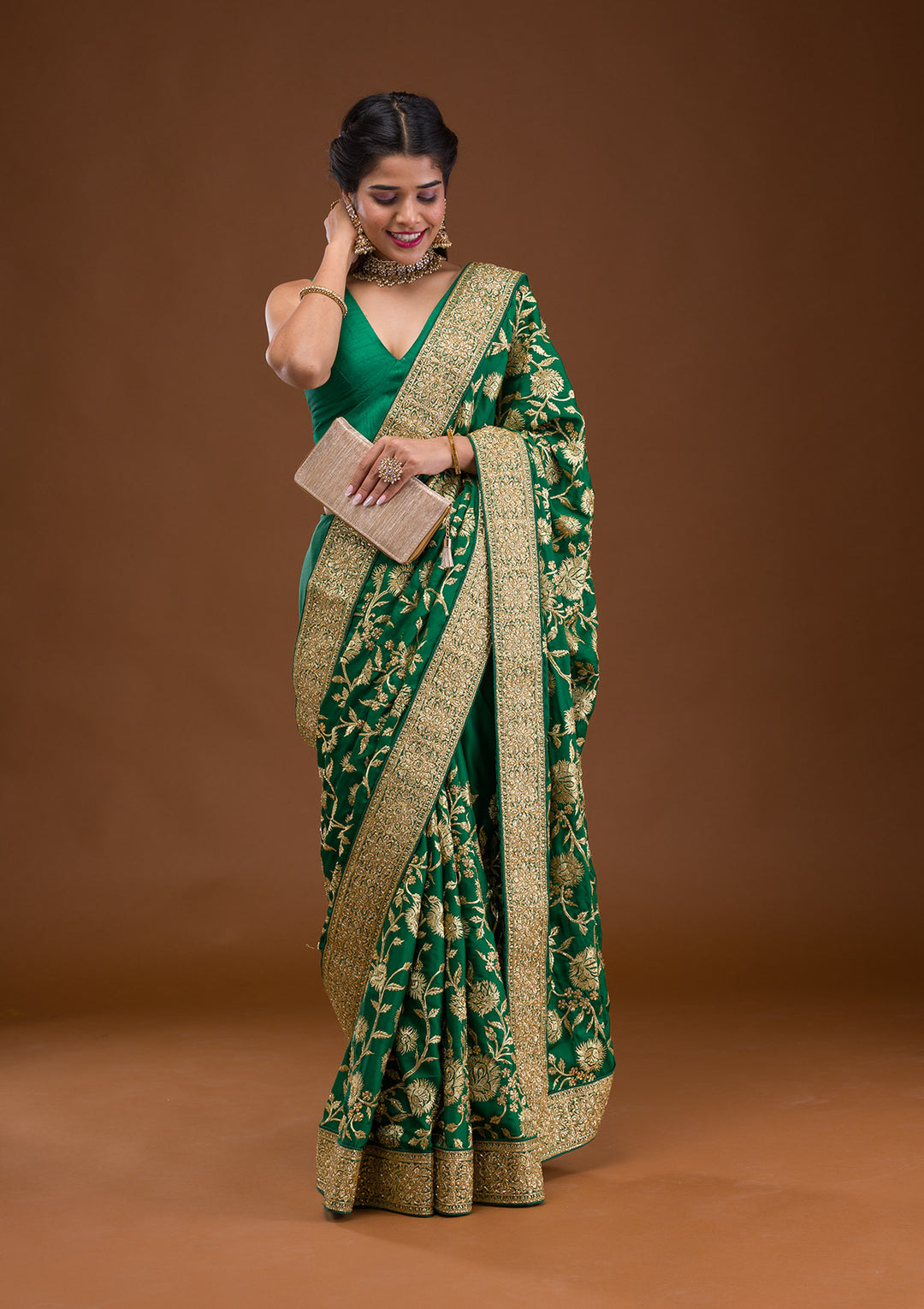 Bottle Green Stonework Crepe Saree