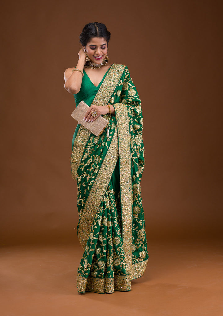 Bottle Green Stonework Crepe Saree