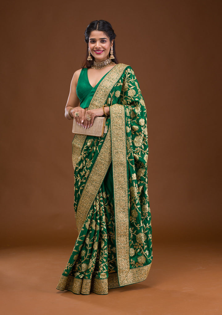 Bottle Green Stonework Crepe Saree