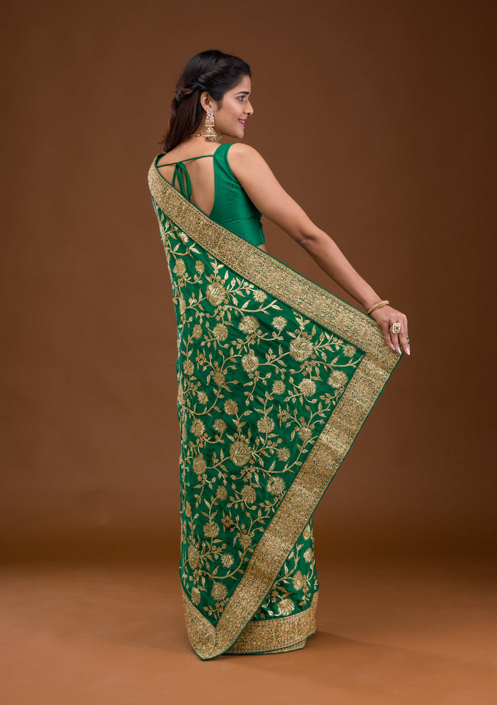 Bottle Green Stonework Crepe Saree
