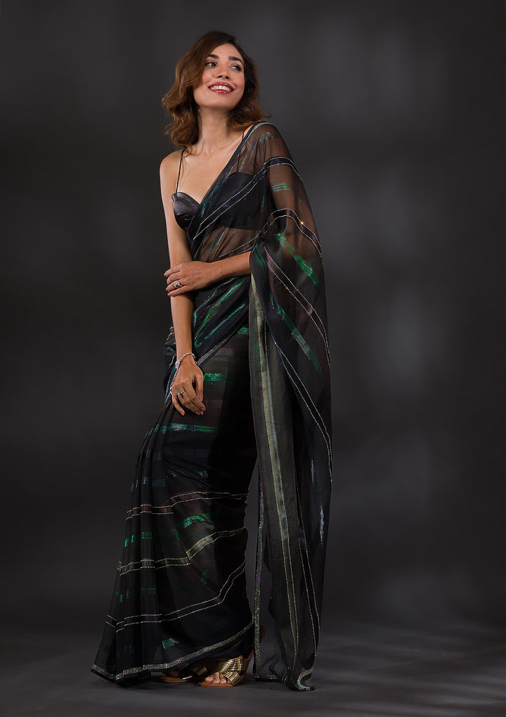 Bottle Green Swarovski Satin Designer Saree