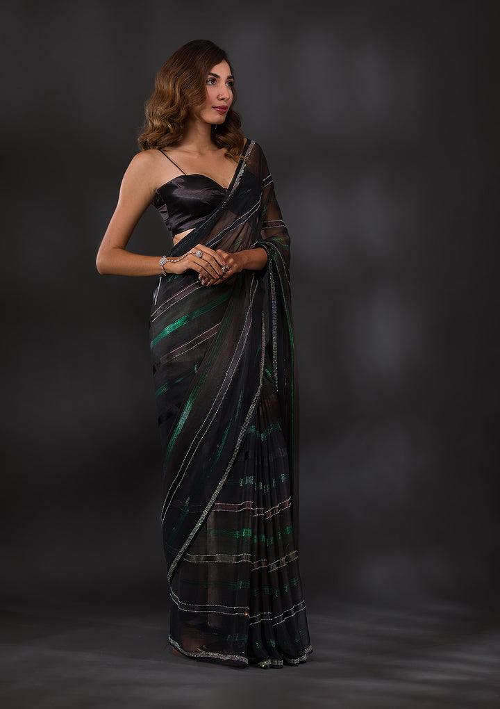 Bottle Green Swarovski Satin Designer Saree