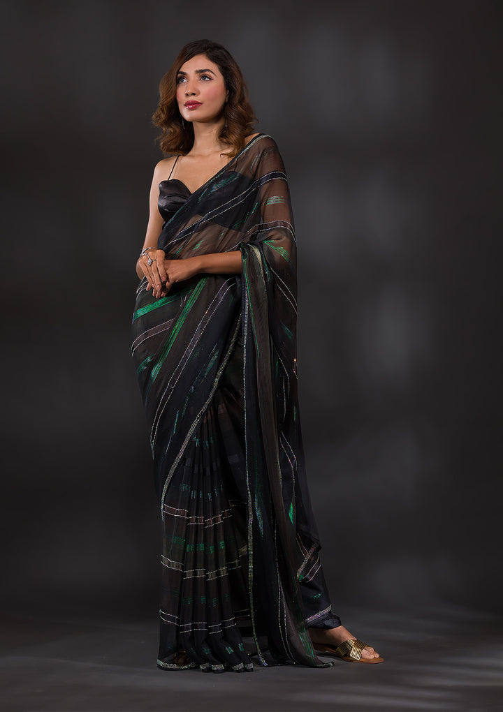 Bottle Green Swarovski Satin Designer Saree