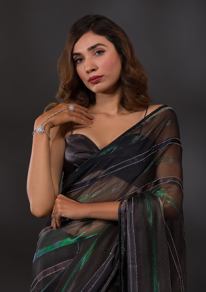 Bottle Green Swarovski Satin Designer Saree