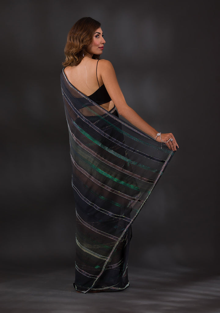 Bottle Green Swarovski Satin Designer Saree