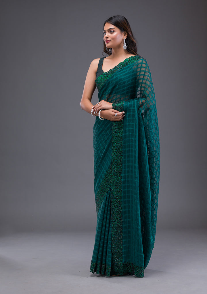 Bottle Green Swarovski Satin Saree