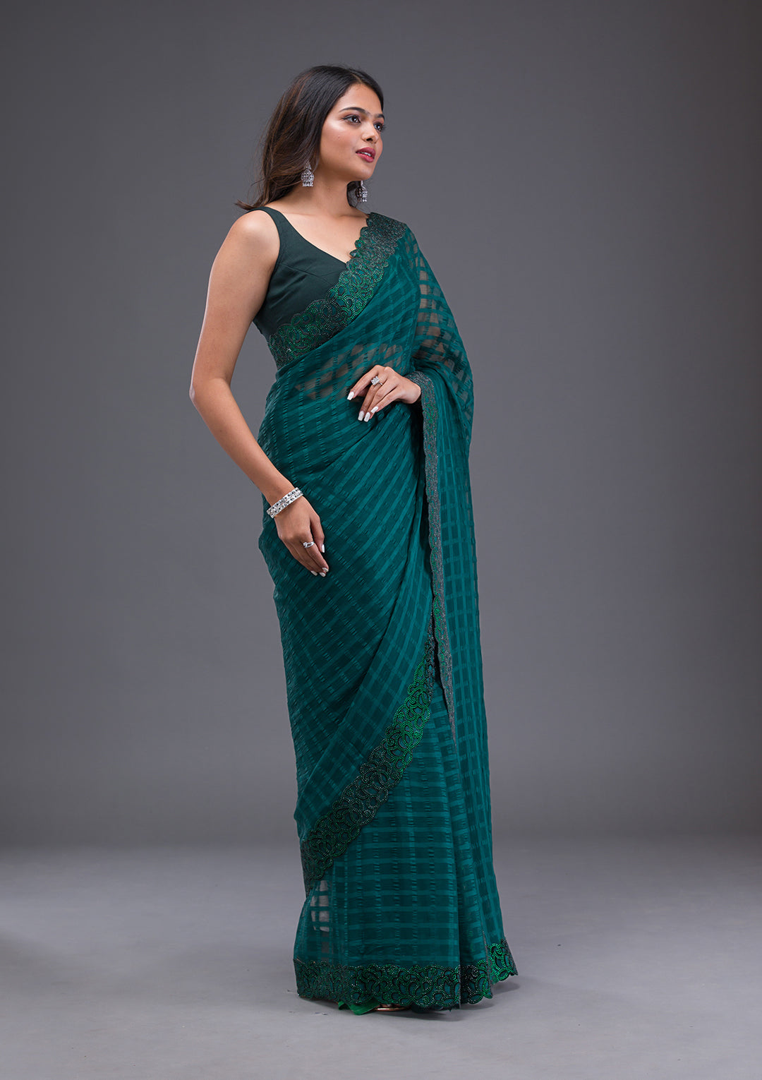 Bottle Green Swarovski Satin Saree