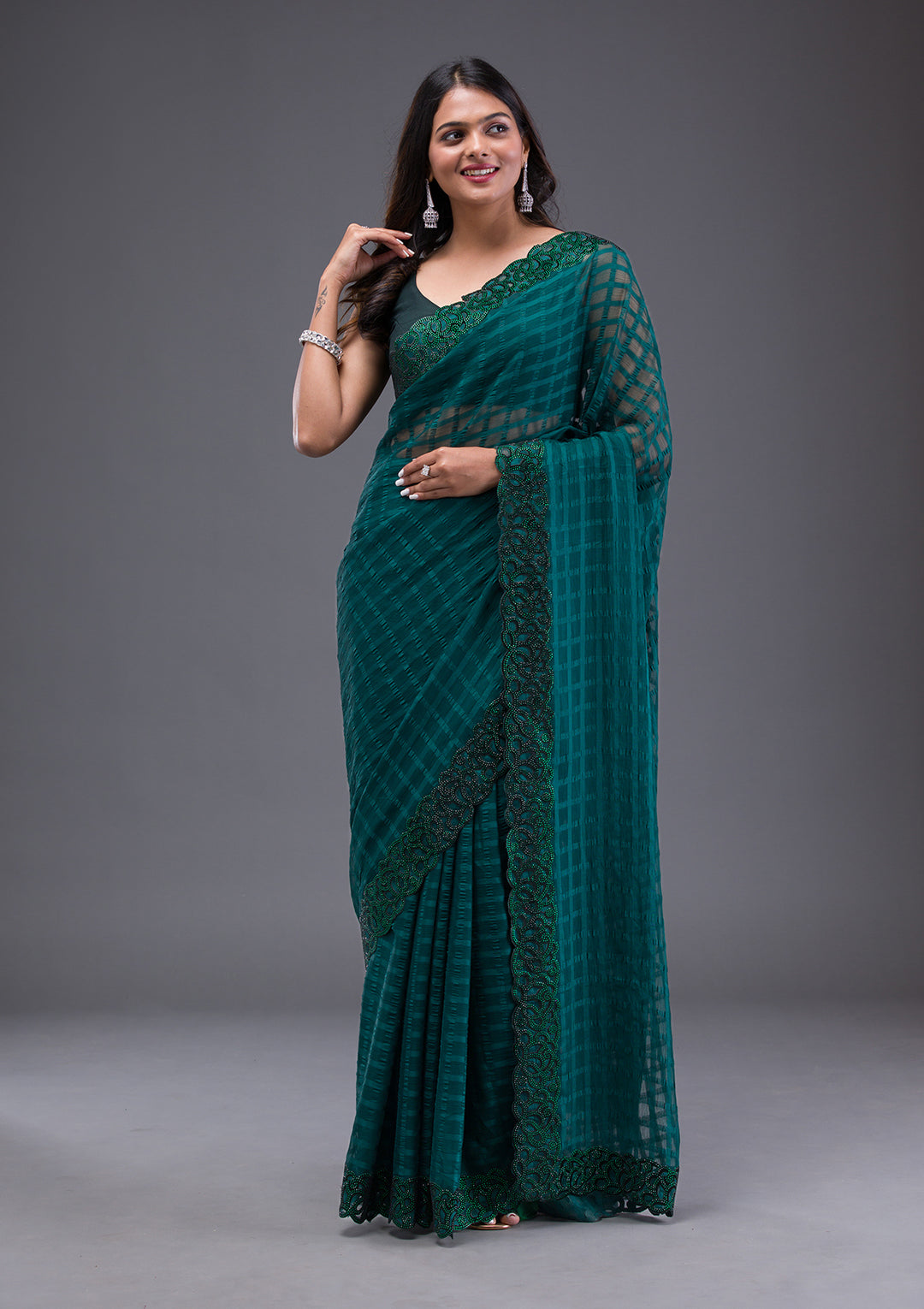 Bottle Green Swarovski Satin Saree