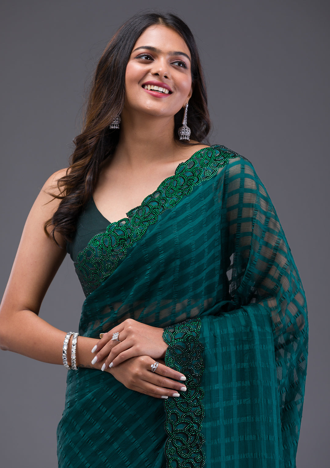 Bottle Green Swarovski Satin Saree