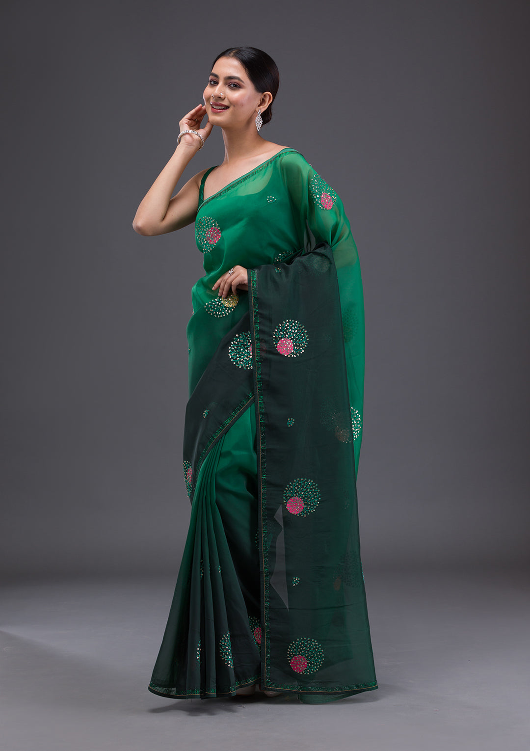 Bottle Green Swarovski Satin Saree