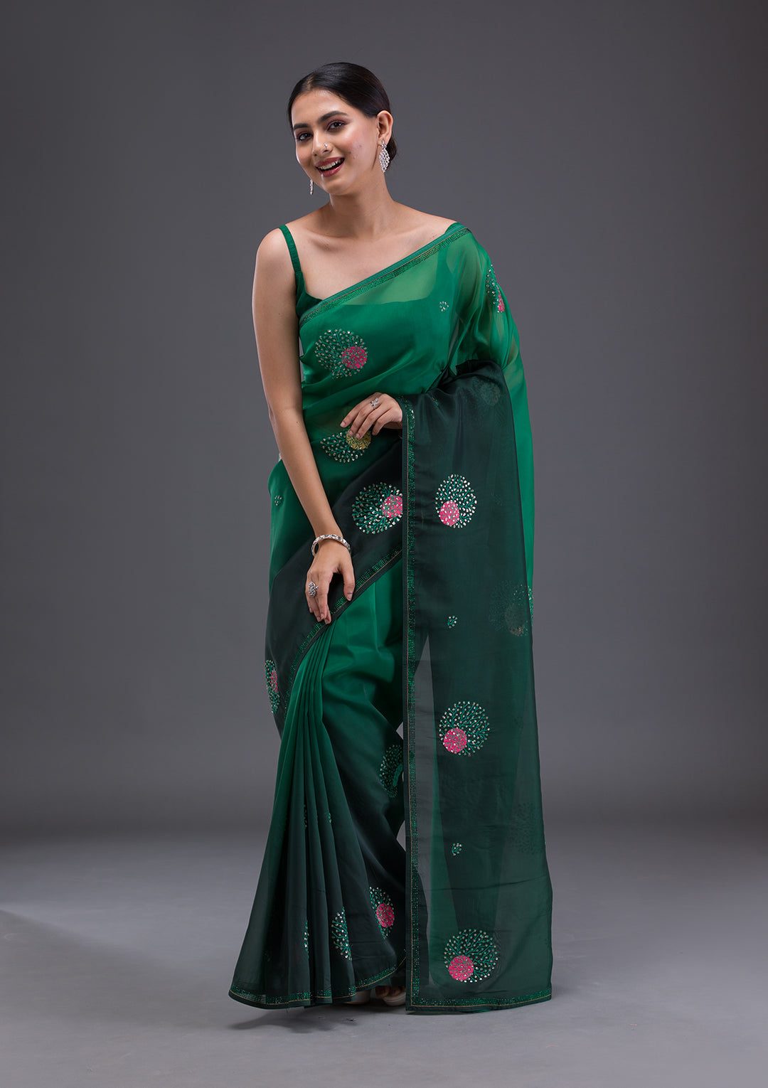 Bottle Green Swarovski Satin Saree