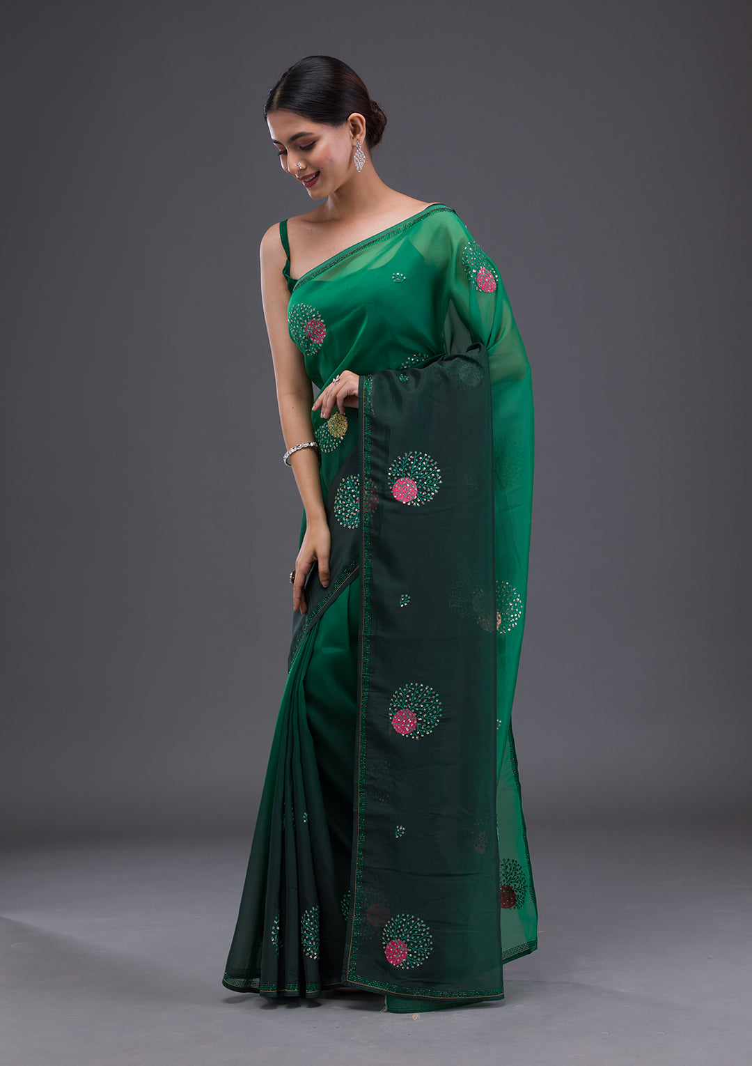 Bottle Green Swarovski Satin Saree