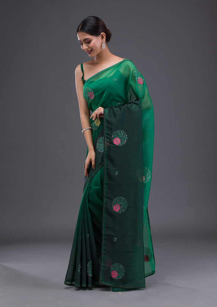 Bottle Green Swarovski Satin Saree