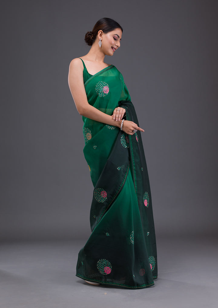 Bottle Green Swarovski Satin Saree