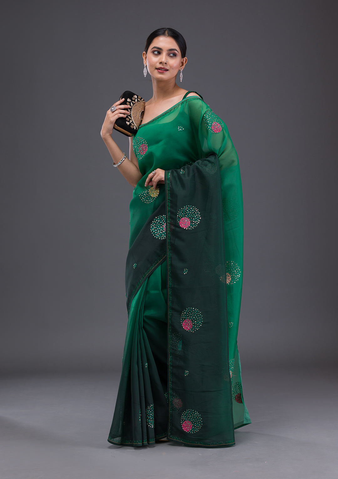 Bottle Green Swarovski Satin Saree