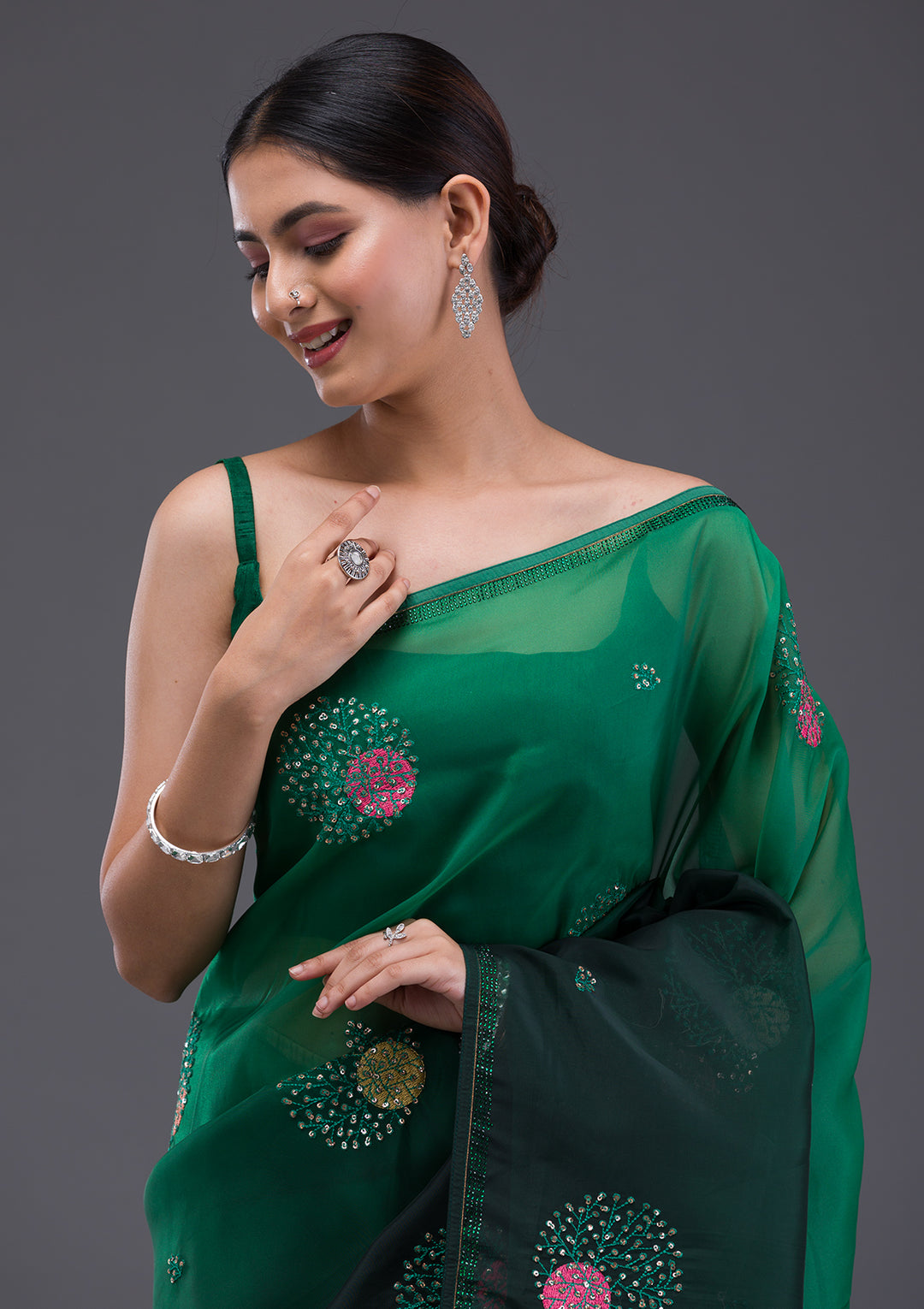 Bottle Green Swarovski Satin Saree