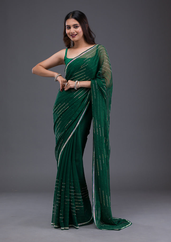 Bottle Green Swarovski Satin Saree