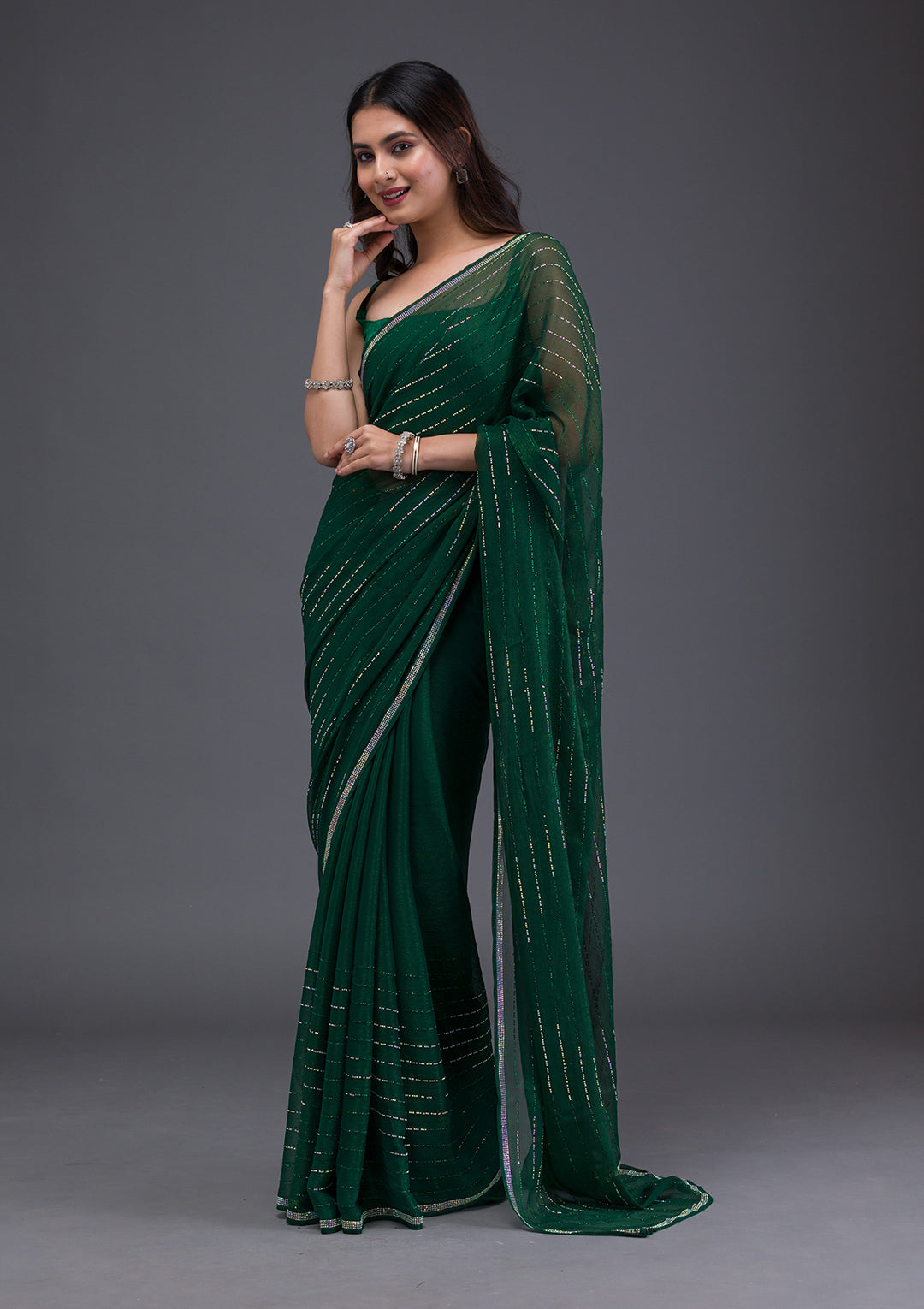 Bottle Green Swarovski Satin Saree