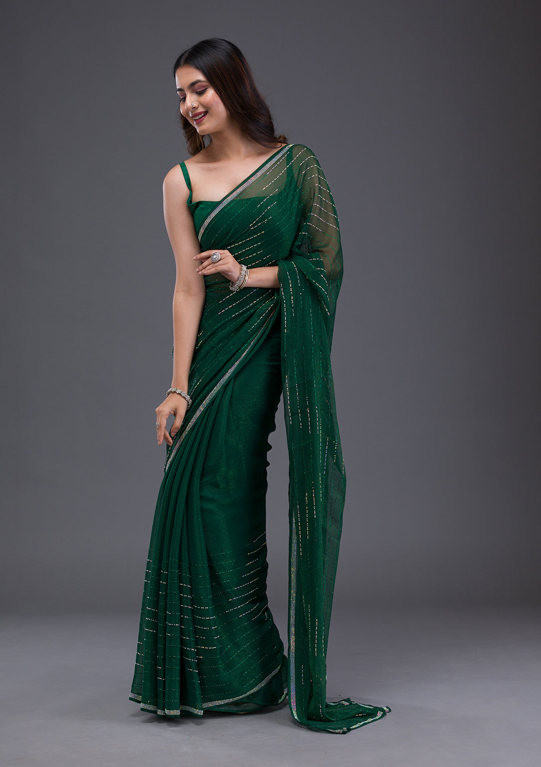 Bottle Green Swarovski Satin Saree