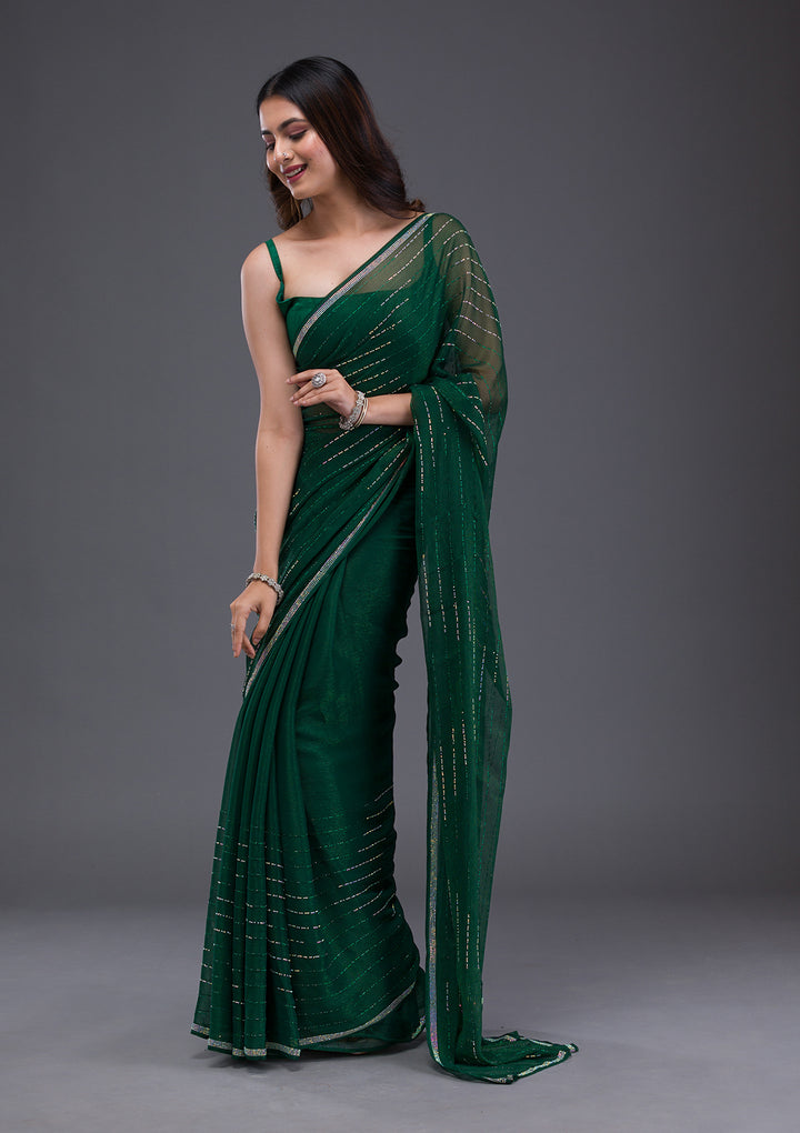 Bottle Green Swarovski Satin Saree