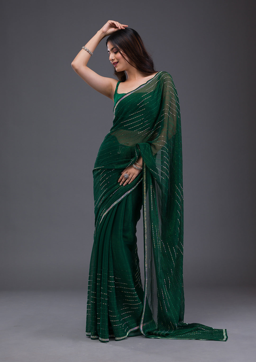 Bottle Green Swarovski Satin Saree