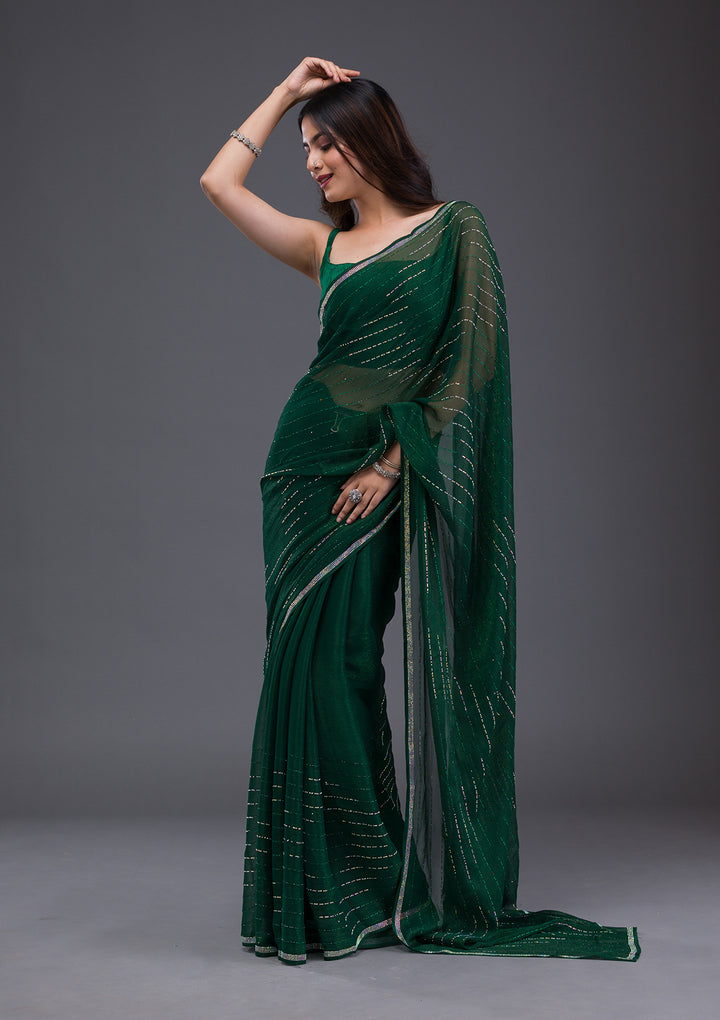 Bottle Green Swarovski Satin Saree