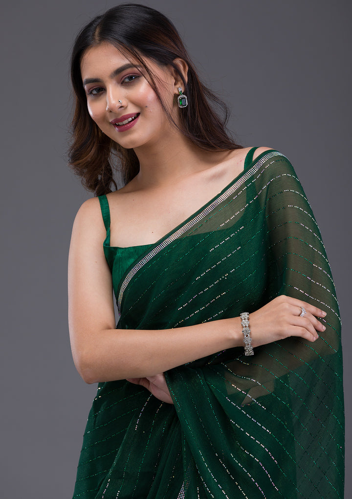 Bottle Green Swarovski Satin Saree