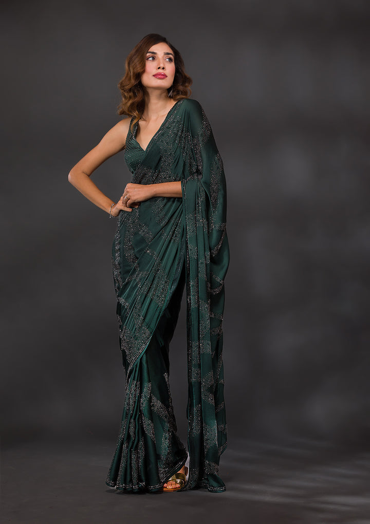 Bottle Green Stone Work Semi Crepe Designer Saree