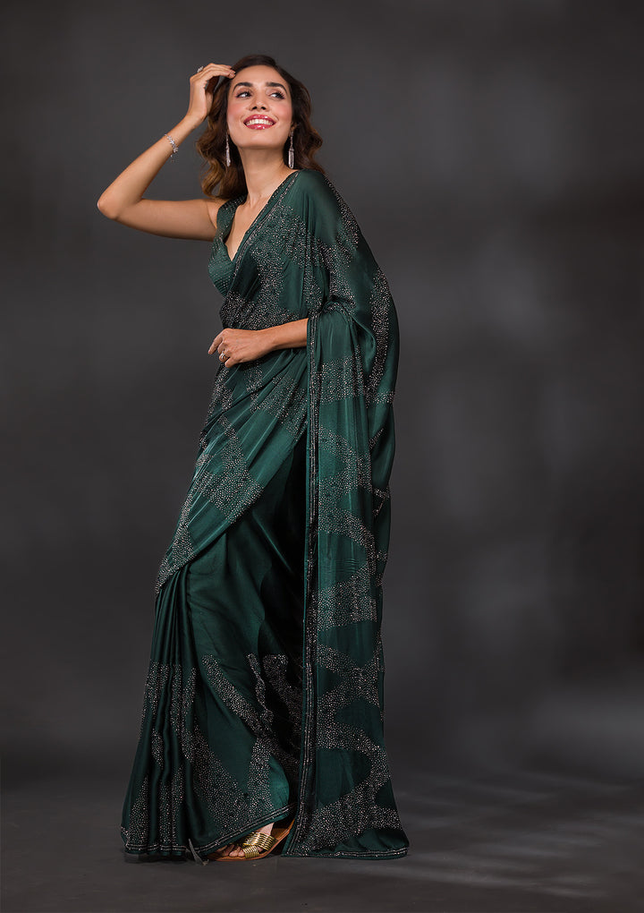 Bottle Green Stone Work Semi Crepe Designer Saree