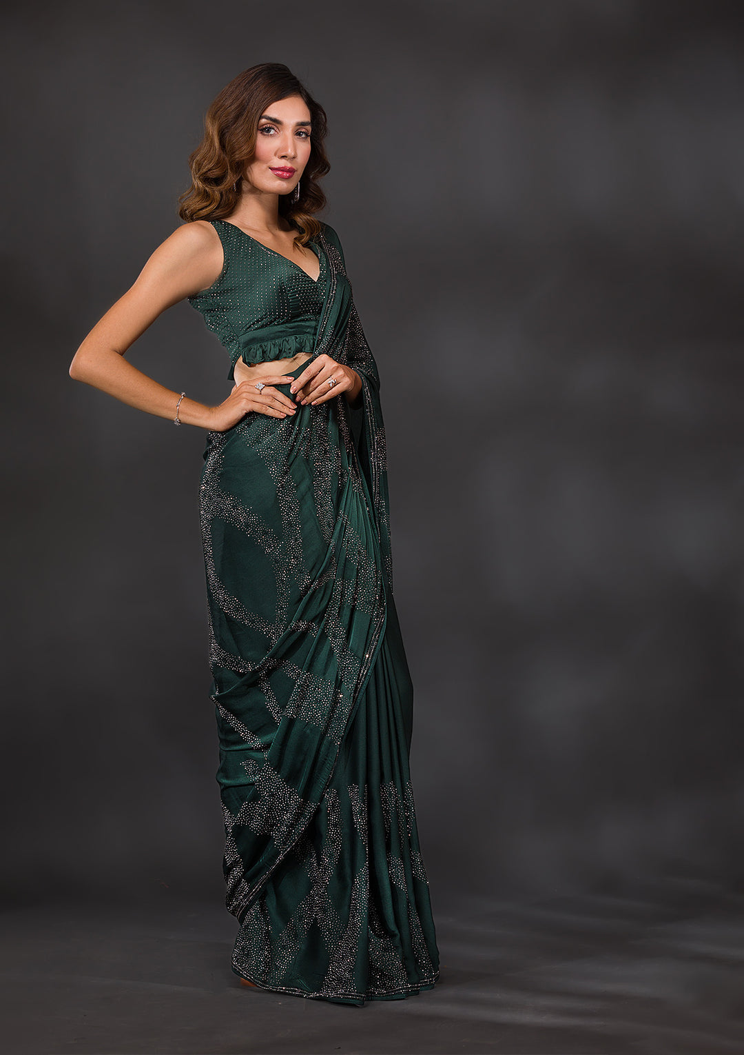 Bottle Green Stone Work Semi Crepe Designer Saree